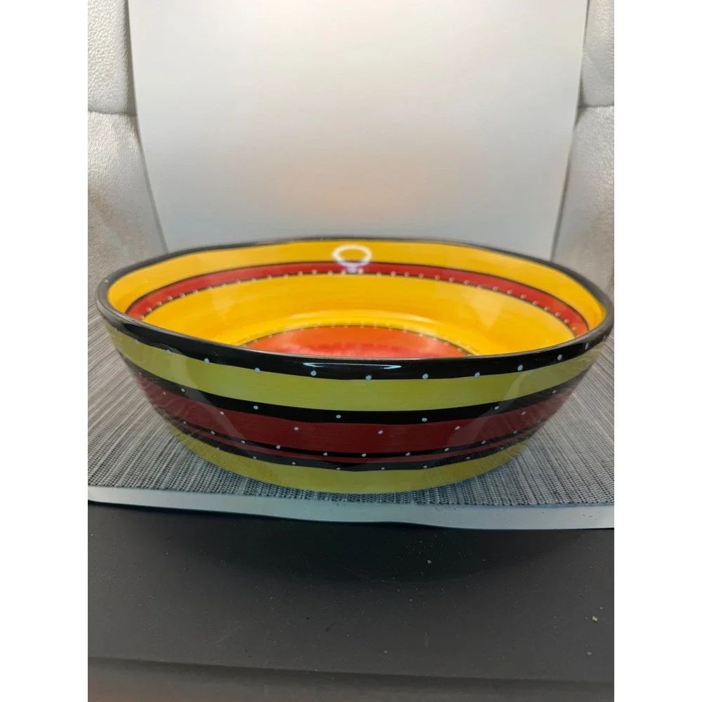 Tabletops Gallery Bohemian Stripe Large 12in Serving Bowl Hand Painted Ceramic